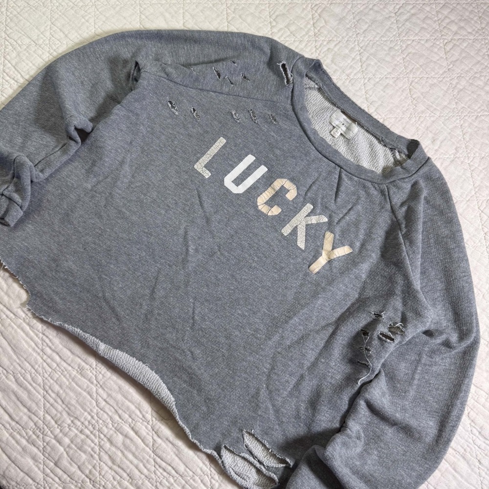 Lucky Brand Distressed Sweatshirt XS Gray Destroyed Grunge Raw‎ Hem